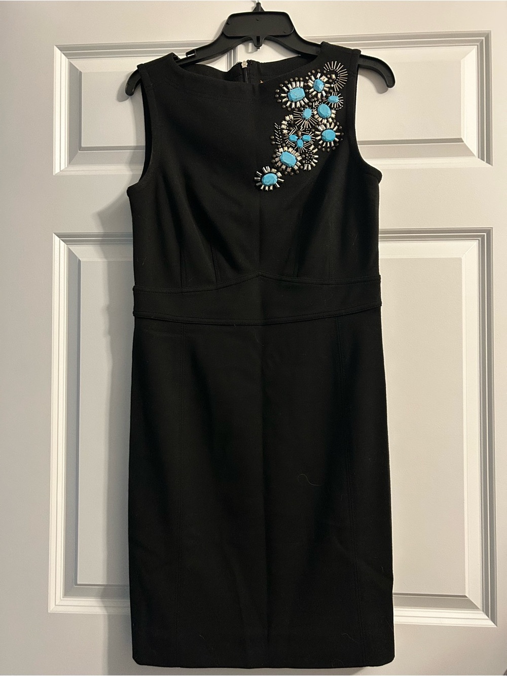 Tory Burch Black Midi Sheath Dress with Turquoise Bead Cluster